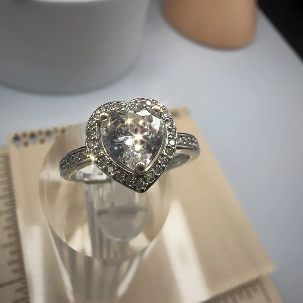 Silver Heart Cut Stone Ring with Pave Detailing Adjustable - Picture 13 of 14